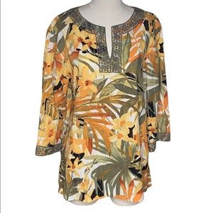 Alfred Dunner Orange Green Print Blouse Tunic Top - Size 14